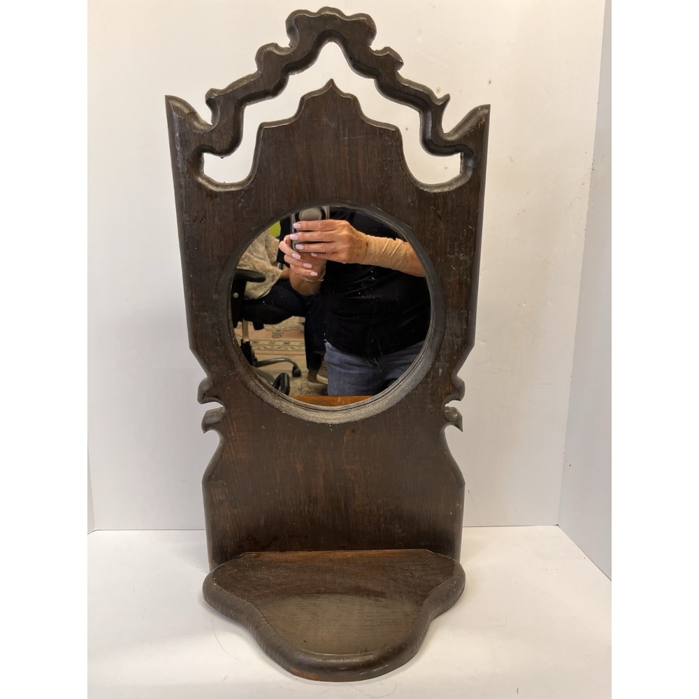 Vintage Wooden Mirror Frame Wall Mount Carved Scroll Design w/ Shelf 22"